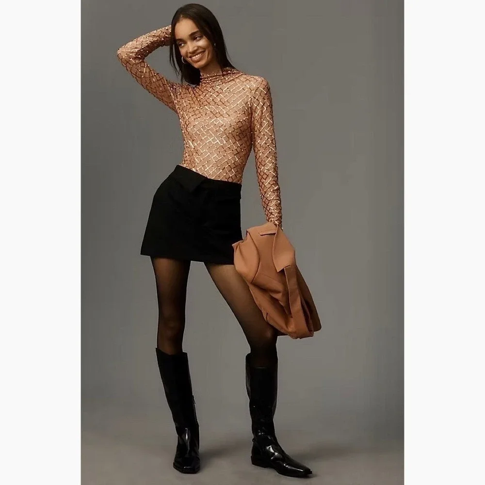 NWT!! Anthropologie PILCRO Turtleneck Sequin Top Shirt Bronze Party Glam X-Small